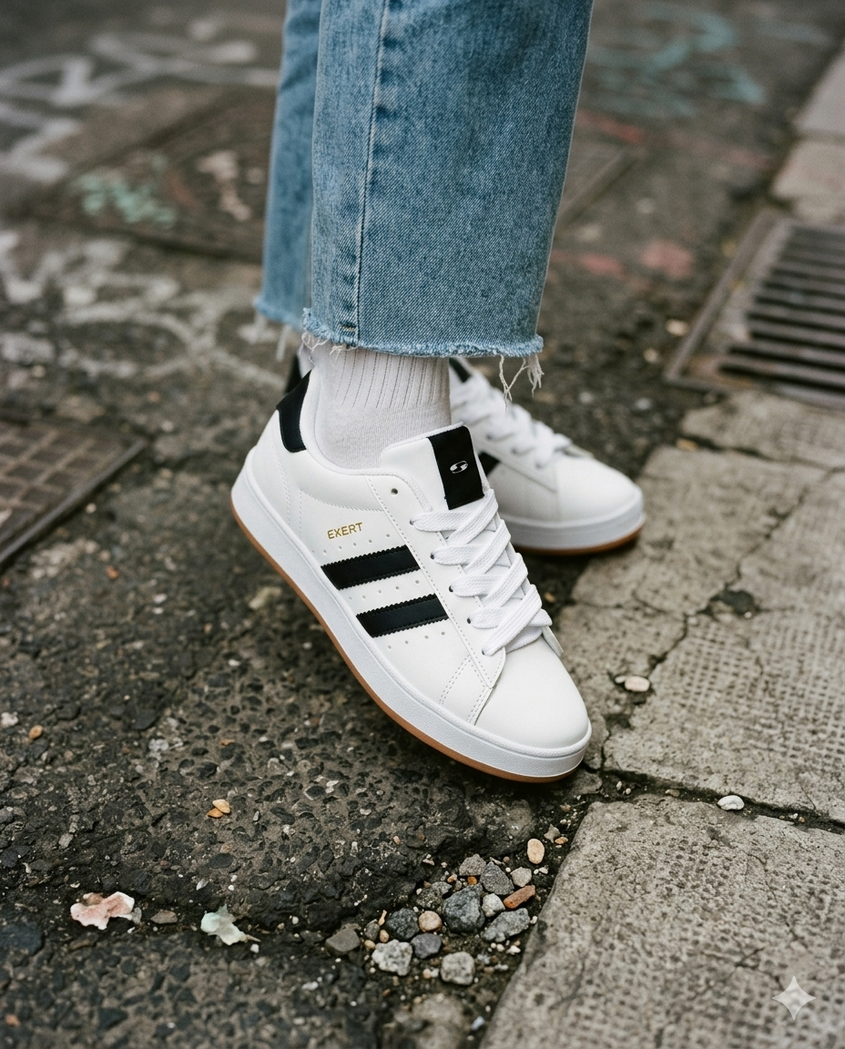 SuperShoes: Tenis Blanco Negro ¡Toque Gold Chic!